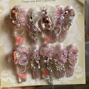 Hand Crafted Pink and Silver Press-On Nails with 3D Embellishments
